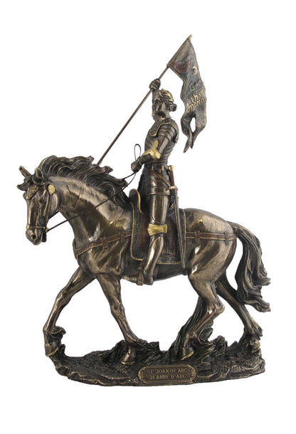 11 1/8" bronze statue of St. Joan of Arc on horseback holding flag with detailed armor and base plaque