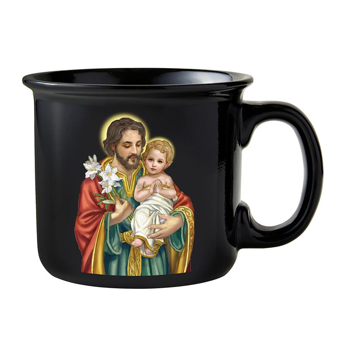 Black mug featuring colorful St. Joseph holding baby Jesus with lilies, part of Spiritual Father gift collection.