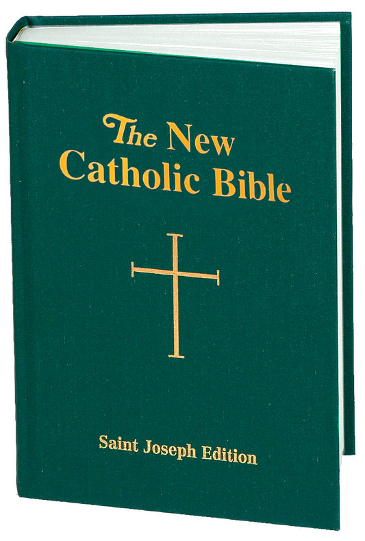 Large green hardcover St. Joseph Edition New Catholic Bible with gold lettering and cross on front cover