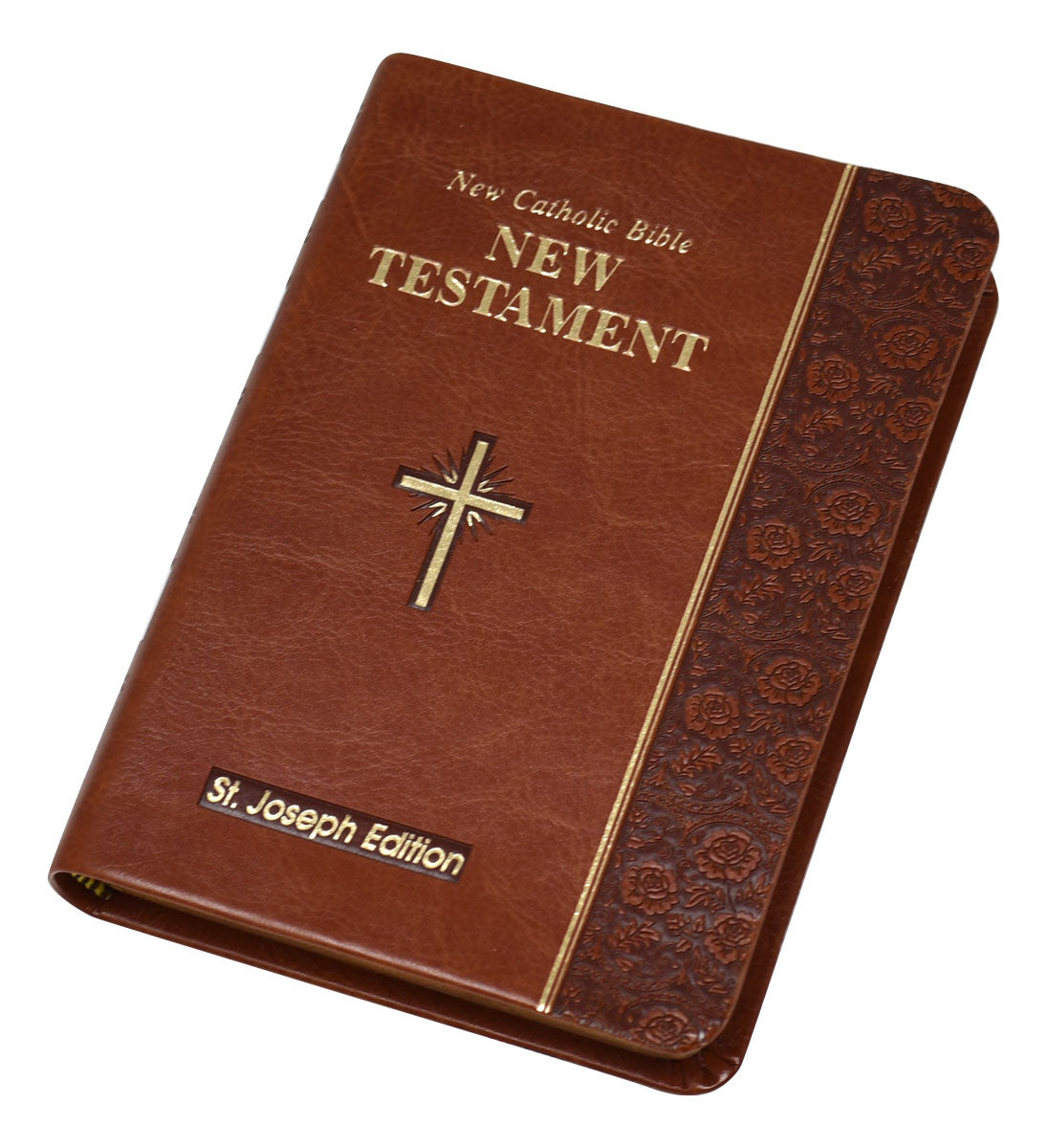 Compact St. Joseph Edition New Catholic Bible New Testament vest pocket edition with embossed floral design and gold cross emblem