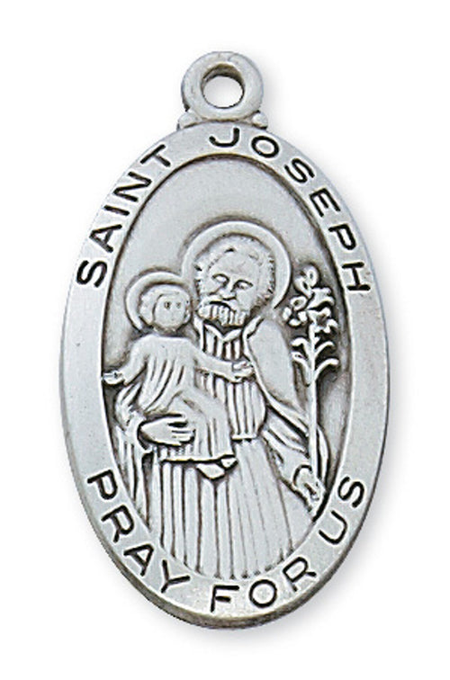 Oval St. Joseph sterling silver medal showing Saint Joseph holding baby Jesus with inscription Pray for Us