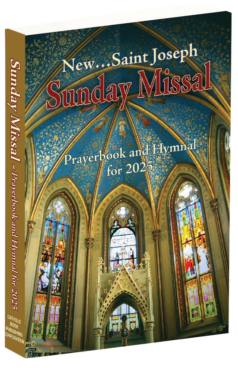 New St. Joseph Sunday Missal Prayerbook and Hymnal for 2025 with ornate church stained glass and altar design