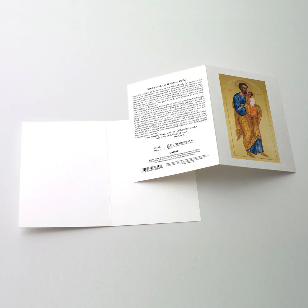 St. Joseph and Christ Child icon greeting card with blank interior and scripture text on back for personal message