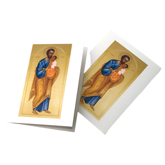 St. Joseph and Christ Child icon greeting card with traditional gold background and hand-painted style illustration