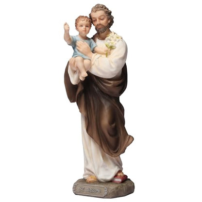 6 3/8" hand-painted polyresin statue of St. Joseph holding Baby Jesus with lilies on detailed base labeled St. Joseph