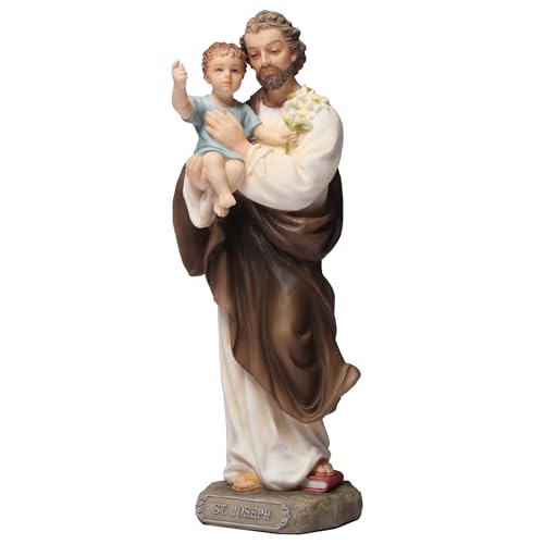 6 3/8" hand-painted polyresin statue of St. Joseph holding Baby Jesus with lilies on detailed base labeled St. Joseph
