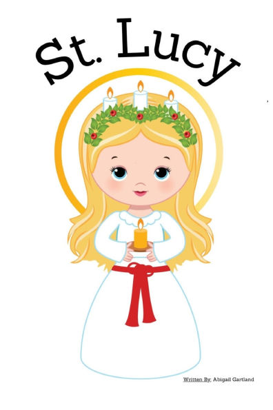 Illustrated cover of St. Lucy children's book showing girl with candle crown and white robe with red sash