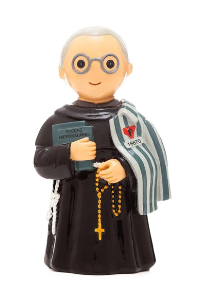 3.5" St. Maximilian Kolbe figurine holding rosary and book with striped concentration camp uniform draped over shoulder