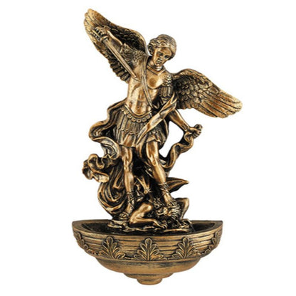 St. Michael the Archangel Holy Water Font in bronze resin, detailed winged figure slaying dragon, 9-inch devotional font.