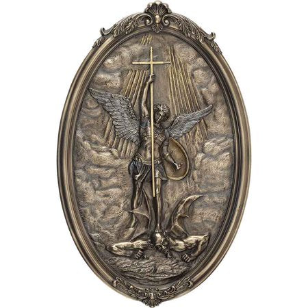 9 3/4" oval Saint Michael wall plaque in cold cast bronze finish with detailed angel and demon design