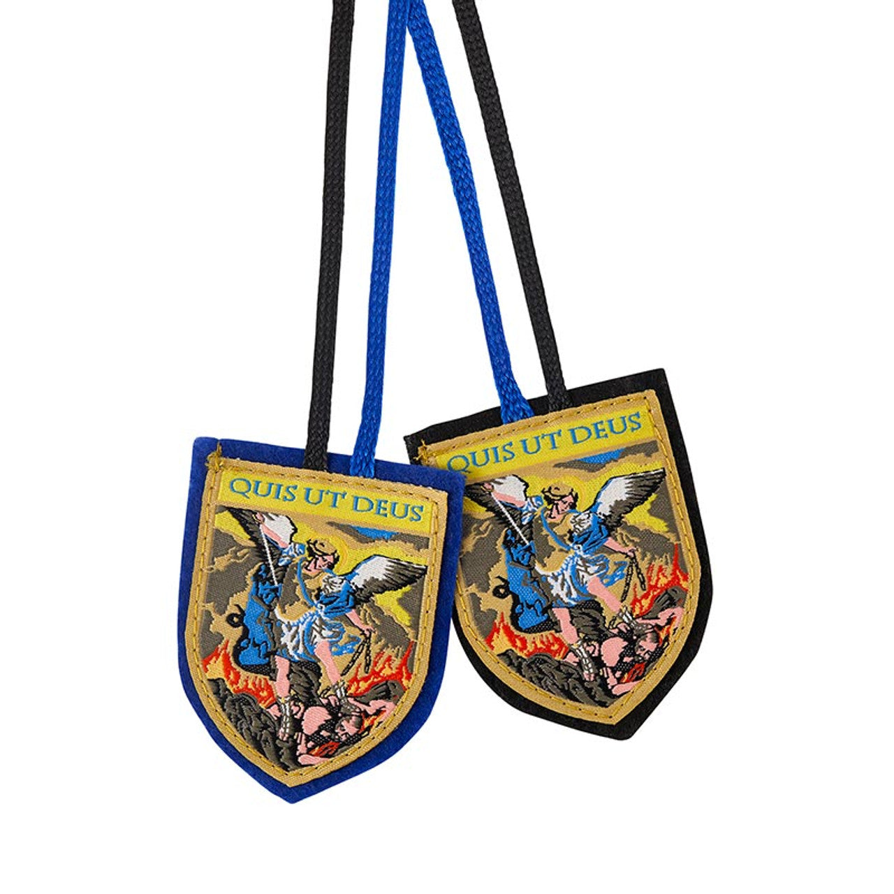 St. Michael woven scapular with full-color image panels, 2 inches long, blue and black cord options.