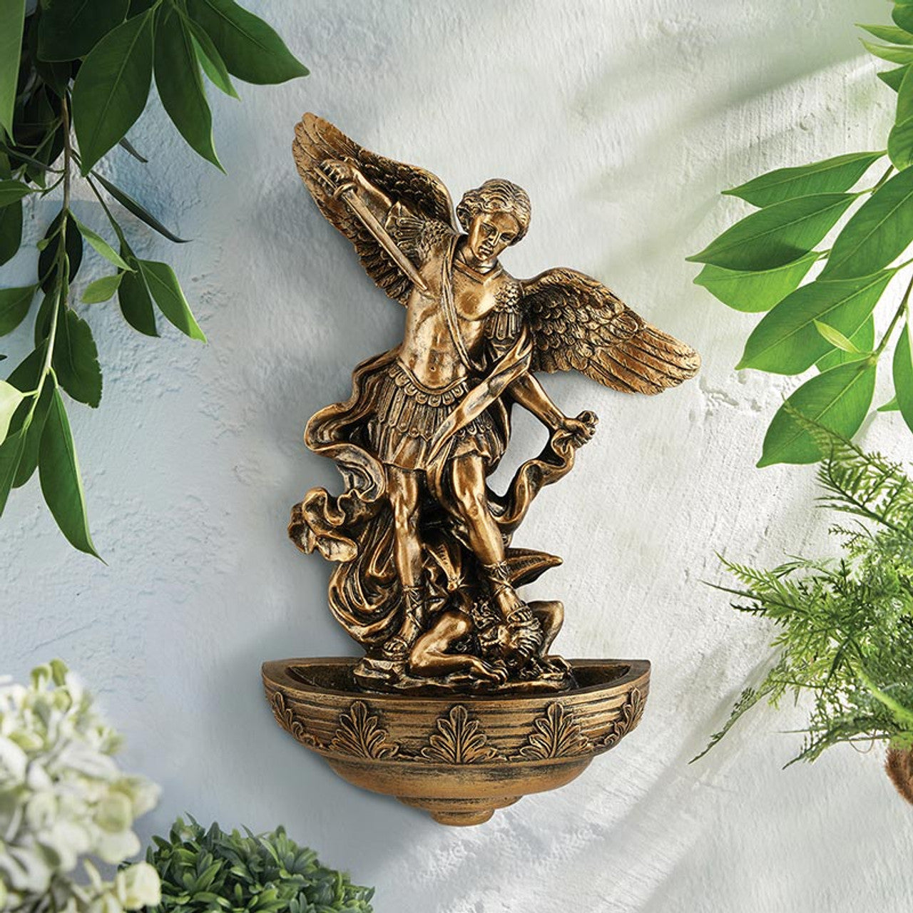 St. Michael the Archangel Holy Water Font in bronze resin with detailed wings and armor, wall-mounted religious decor 9 inches tall