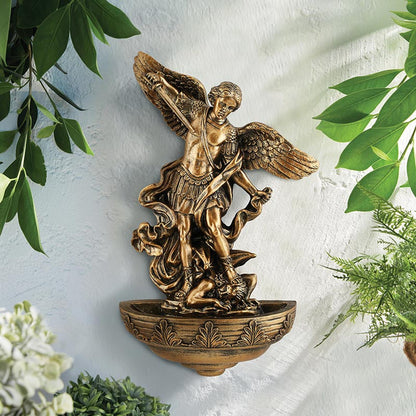 St. Michael the Archangel Holy Water Font in bronze resin with detailed wings and armor, wall-mounted religious decor 9 inches tall