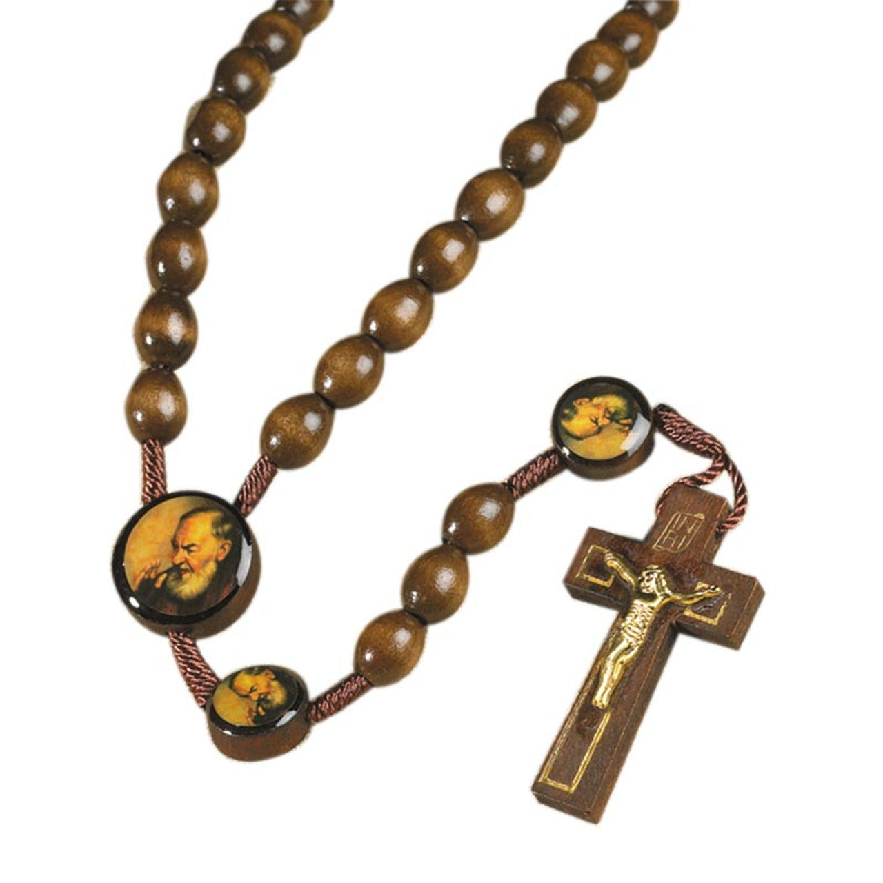 Padre Pio Wood Rosary with brown beads, image medallions, and wooden crucifix with gold-tone figure of Christ