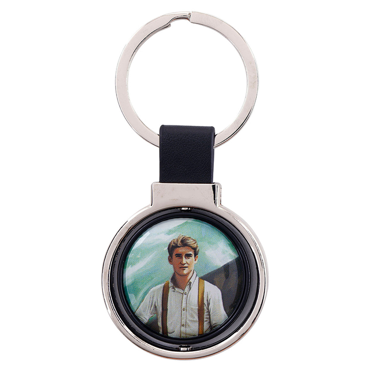 St. Pier Giorgio Frassati rotating keychain with detailed portrait and silver-tone metal frame and black leather strap