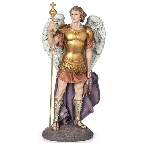St. Raphael the Archangel figurine in gold armor with wings, holding staff and fish, standing on rocky base, 10 inches tall