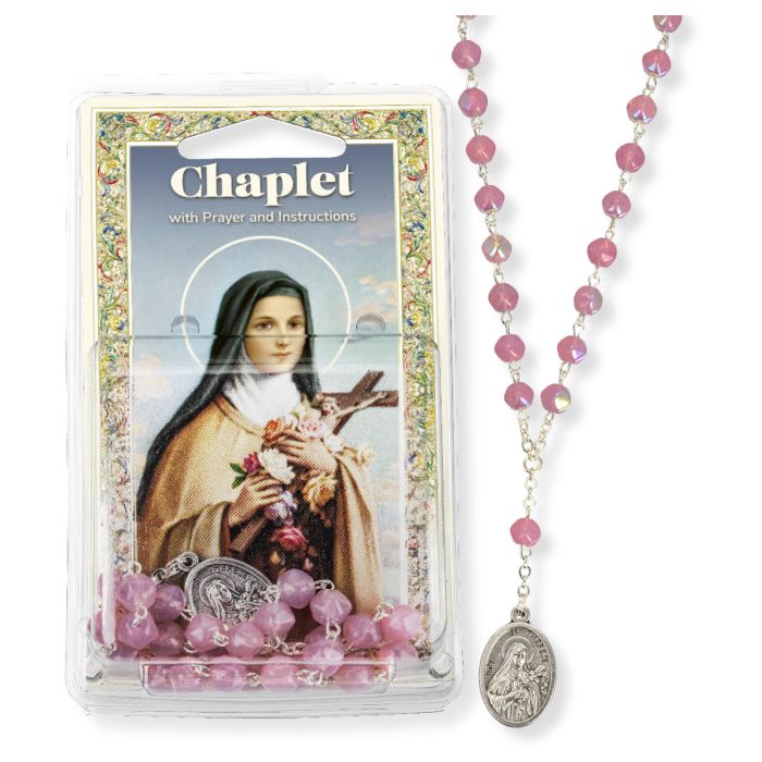 7" St. Therese Deluxe Chaplet with 6mm pink glass beads, silver oxidized medal, and prayer card packaging