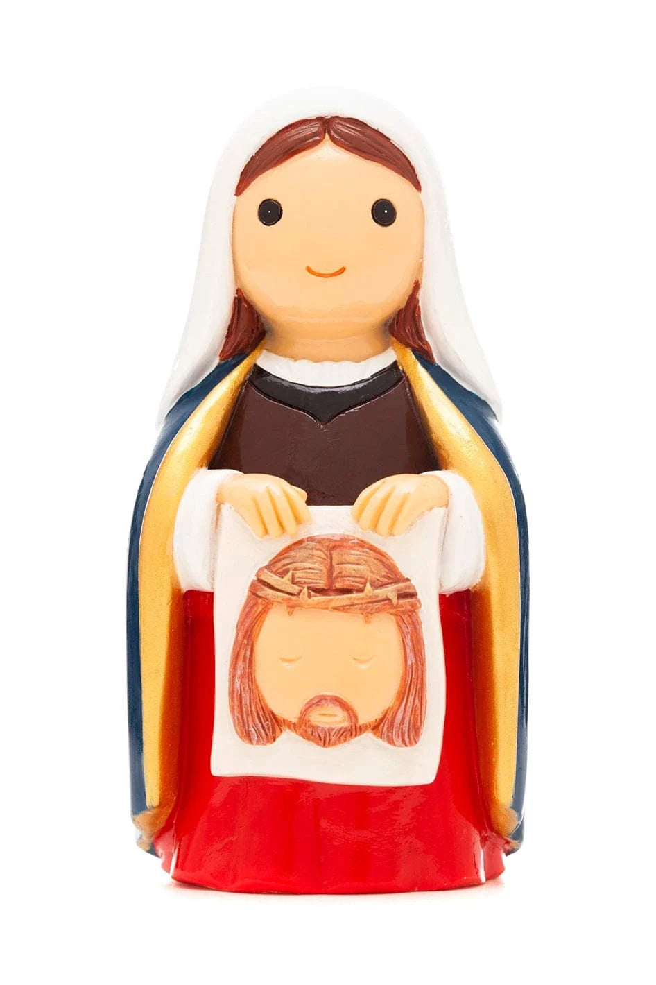 Hand-painted St. Veronica Little Drops figurine holding cloth with face of Jesus, red and blue robe, 3.5 inches tall