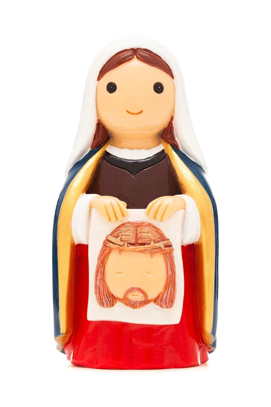 Hand-painted St. Veronica Little Drops figurine holding cloth with face of Jesus, red and blue robe, 3.5 inches tall