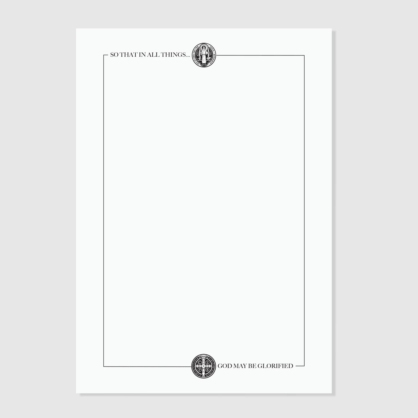 St. Benedict Stationery Set letterhead with detailed Benedict medal illustrations at top and bottom, framed border lines