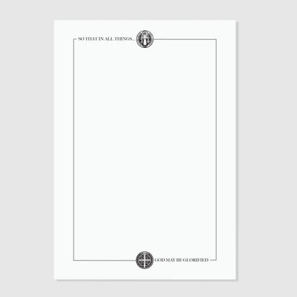 St. Benedict Stationery Set letterhead with detailed Benedict medal illustrations at top and bottom, framed border lines