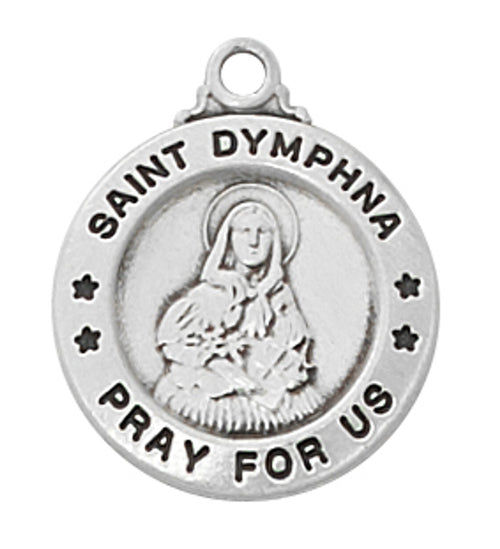 Sterling silver St. Dymphna medal 5/8 inch with detailed image and "Pray for Us" inscription around edge