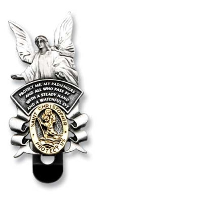 Silver Guardian Angel and gold Saint Christopher sun-visor clip with prayer text for protection while driving