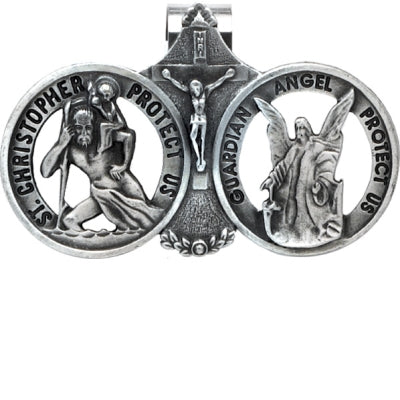 Silver St Christopher and Guardian Angel sun-visor clip with crucifix detail and protective inscriptions on white background