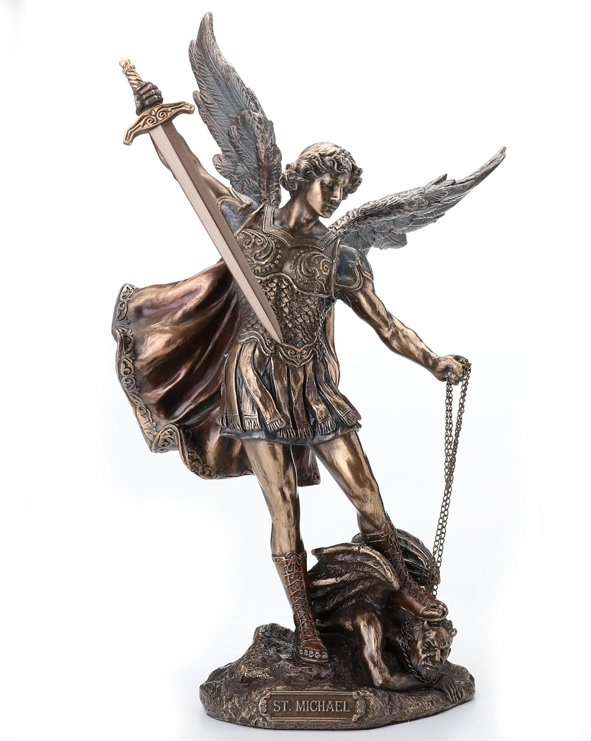 Bronze-colored St. Michael statue 10.6 inches tall, depicting him conquering evil with sword and chains.