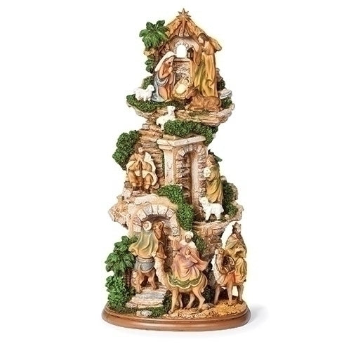 Hand-painted 17" tall Nativity scene with stable, stairs, Holy Family, shepherds, animals, and Three Wise Men on base