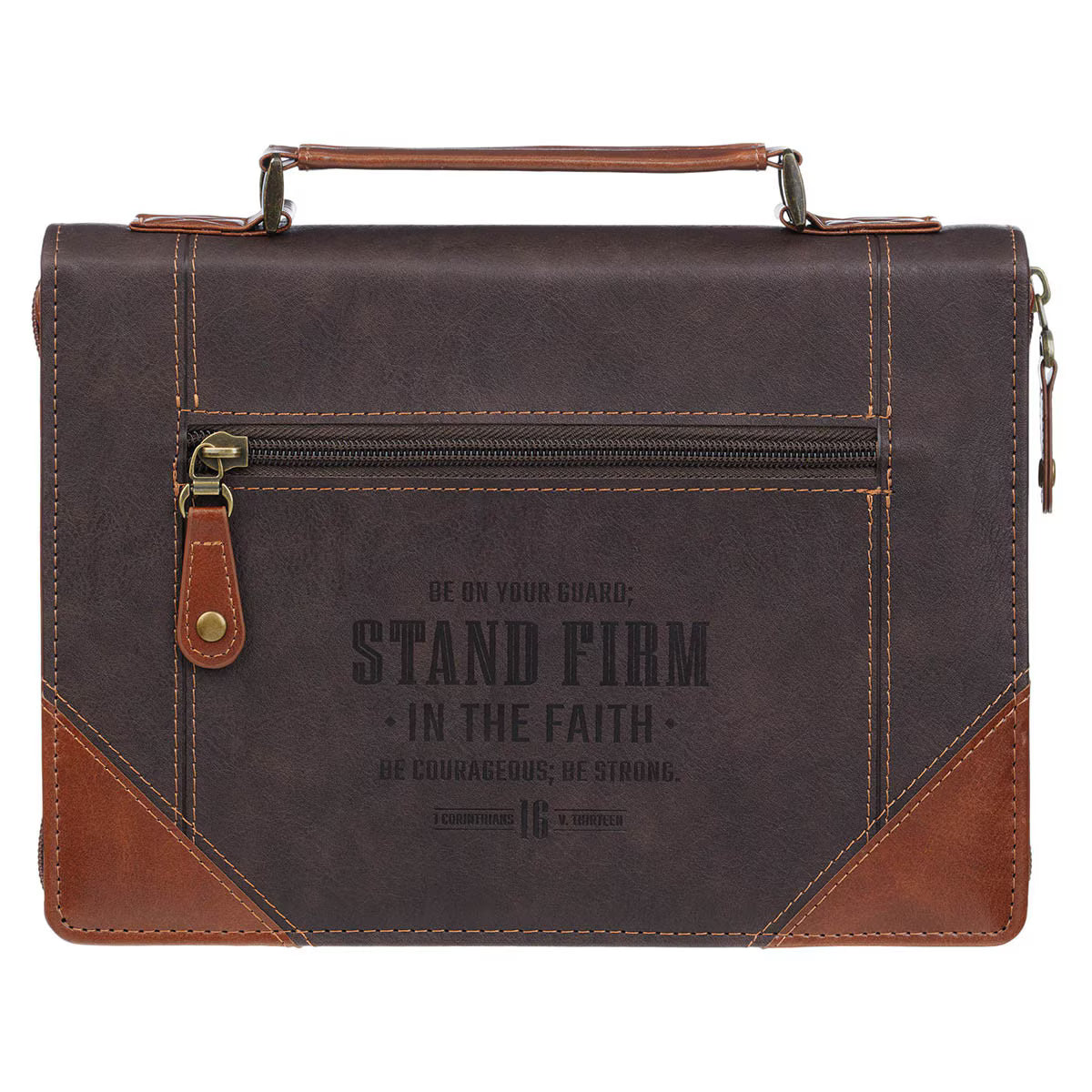 Stand Firm Espresso and Honey-brown Faux Leather Classic Bible Cover - 1 Corinthians 16:13 Medium