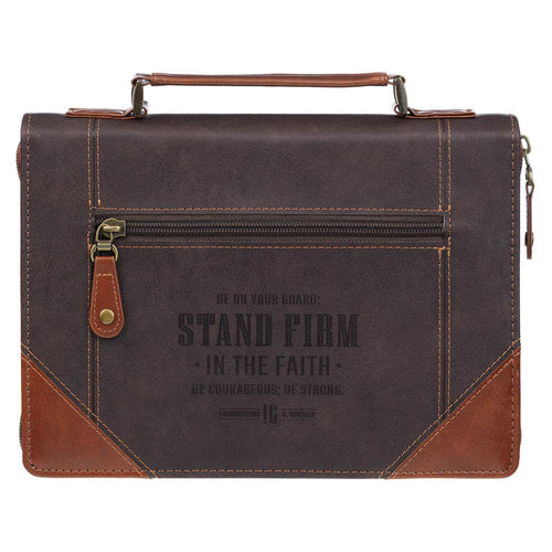 Stand Firm Espresso and Honey-brown Faux Leather Classic Bible Cover - 1 Corinthians 16:13 Medium