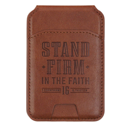 Stand Firm Honey-brown Faux Leather Phone Wallet with Stand - 1 Corinthians 16:13