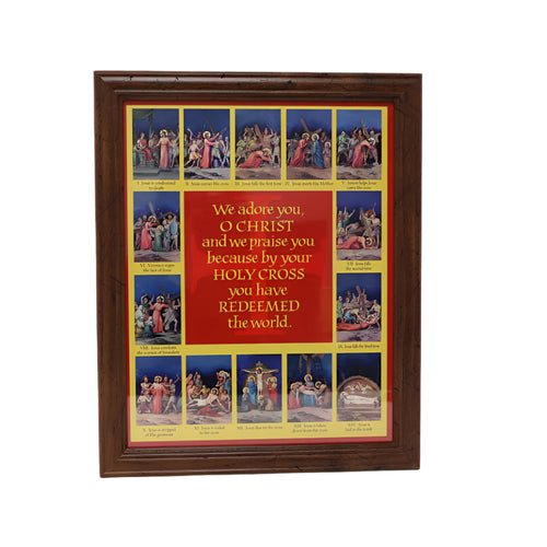 11 x 14" framed Stations of the Cross print with vivid illustrations and central devotional prayer in red and gold tones