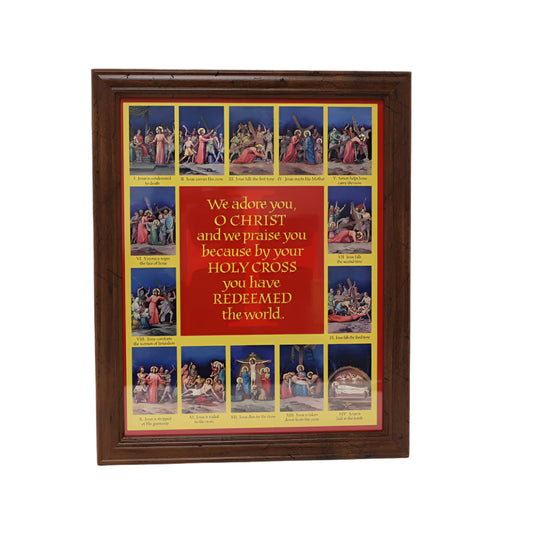 11 x 14" framed Stations of the Cross print with vivid illustrations and central devotional prayer in red and gold tones