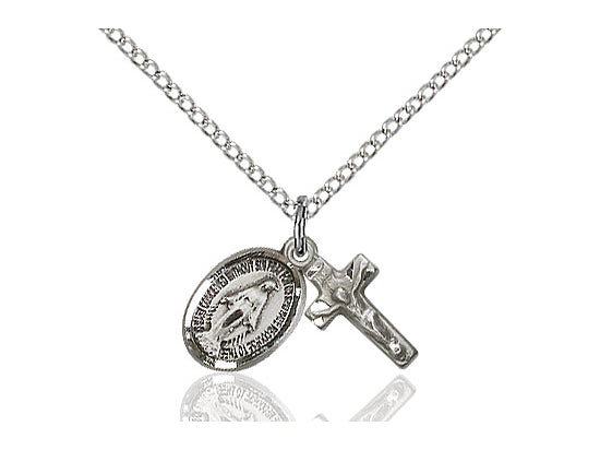 Sterling silver Miraculous Medal and 1/2" Crucifix pendant on 18-inch rhodium curb chain with lobster clasp