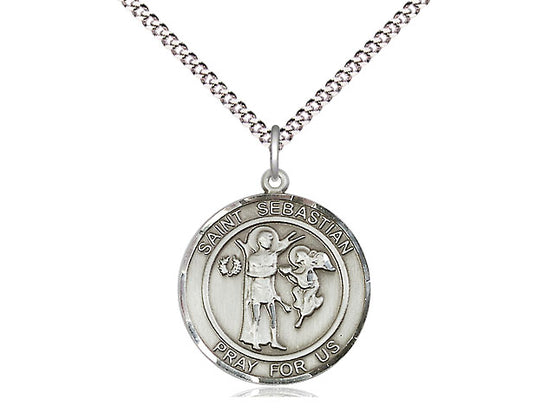 Sterling silver St. Sebastian round medal pendant on 18-inch rhodium chain with prayer engraving.