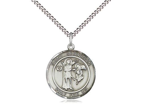 Sterling silver St. Sebastian round medal pendant on 18-inch rhodium chain with prayer engraving.
