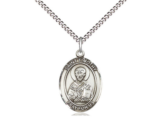Sterling silver St. Timothy medal pendant with 18-inch chain, patron saint of stomach disorders, detailed engraving.
