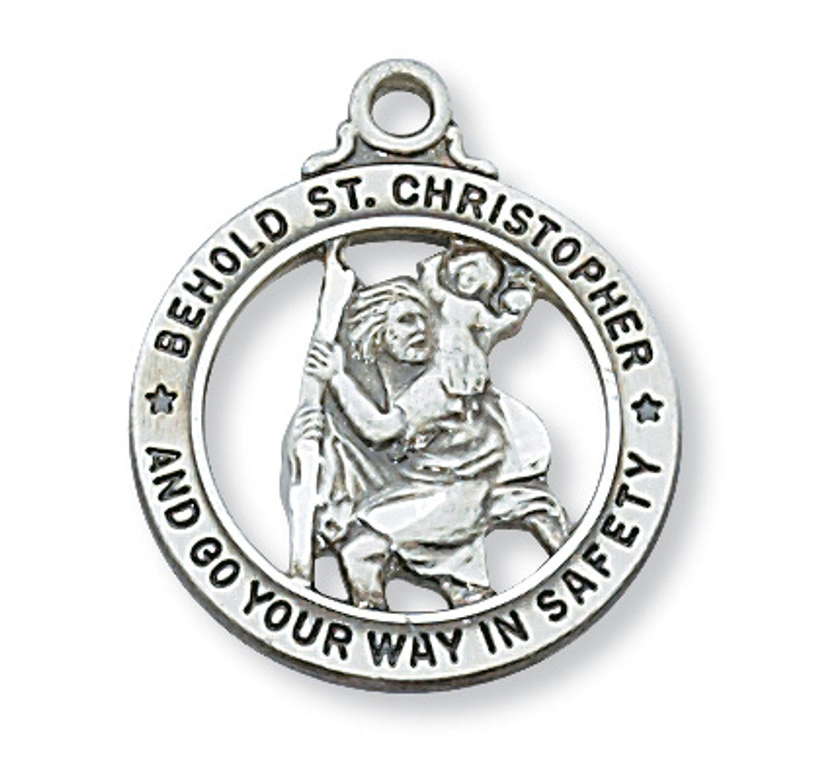 Sterling silver St Christopher medal showing the saint carrying a child with safety blessing inscription around edge