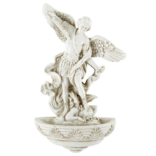 9" Stone finish St. Michael Archangel holy water font with detailed wings and decorative basin for wall display