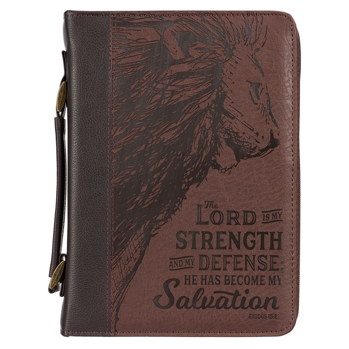 Large walnut-brown faux leather Bible cover with embossed lion design and Strength and Defense scripture quote from Exodus 15:2