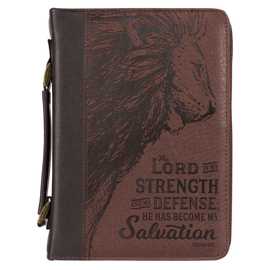 Large walnut-brown faux leather Bible cover with embossed lion design and Strength and Defense scripture quote from Exodus 15:2