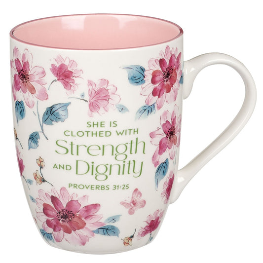 Ceramic coffee mug with pink floral design and Proverbs 31:25 "Strength and Dignity" text on white background