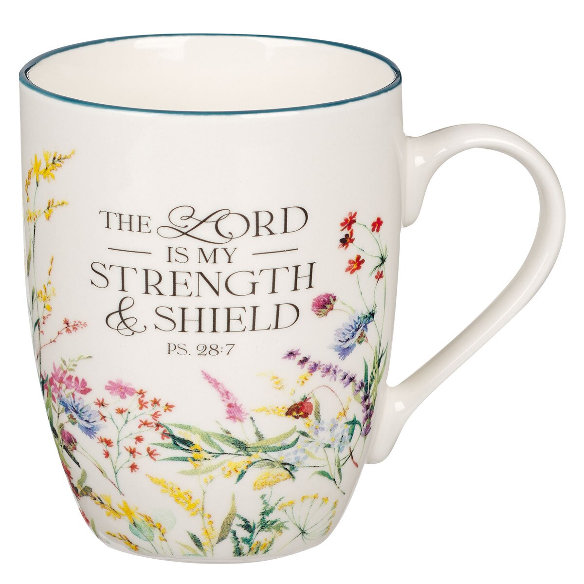 Strength and Shield Floral Meadow ceramic coffee mug with Psalm 28:7 scripture and colorful wildflower design