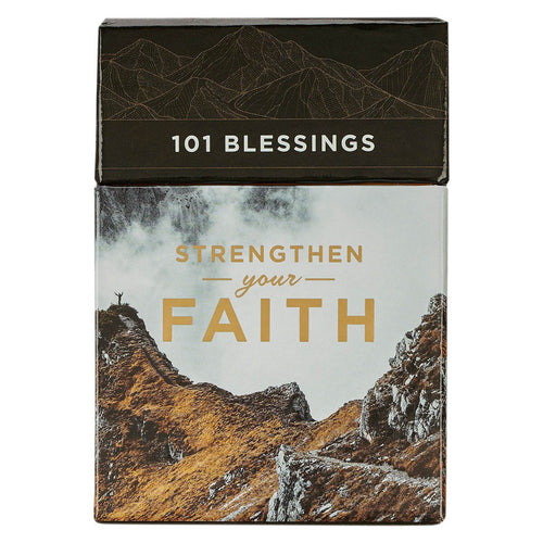 Strengthen Your Faith Box of Blessings card set with mountain landscape and gold lettering on front of box
