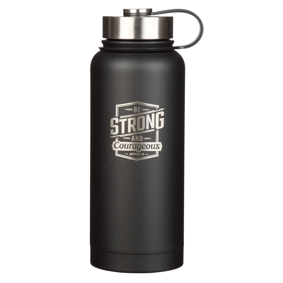 Black stainless steel water bottle with "Be Strong and Courageous Joshua 1:9" inspirational faith message design