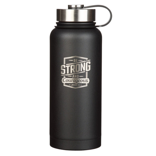 Black stainless steel water bottle with "Be Strong and Courageous Joshua 1:9" inspirational faith message design