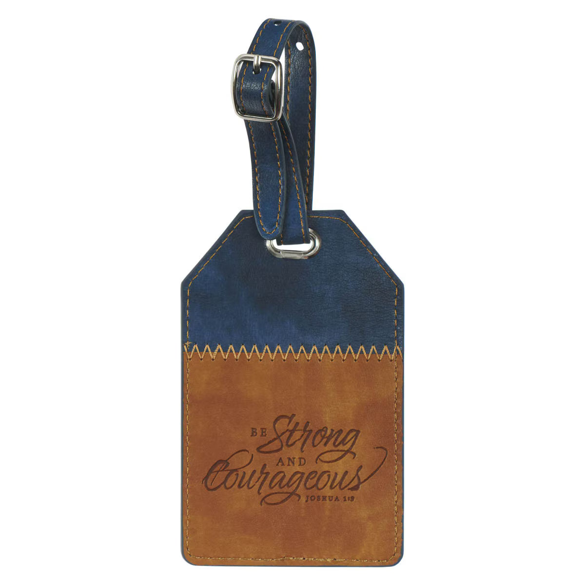Butterscotch and navy faux leather luggage tag with "Be Strong and Courageous Joshua 1:9" inscription
