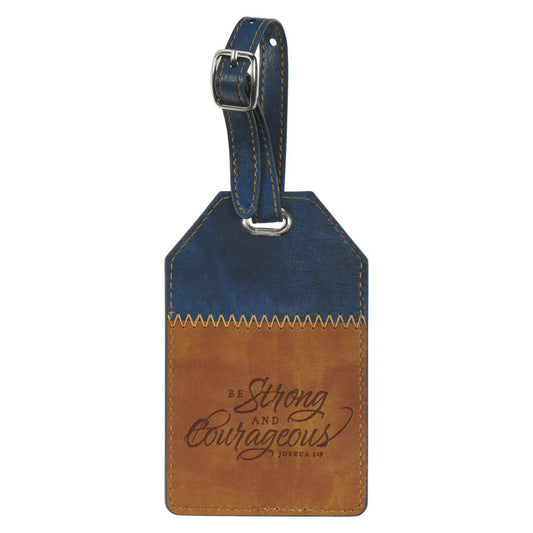 Butterscotch and navy faux leather luggage tag with "Be Strong and Courageous Joshua 1:9" inscription